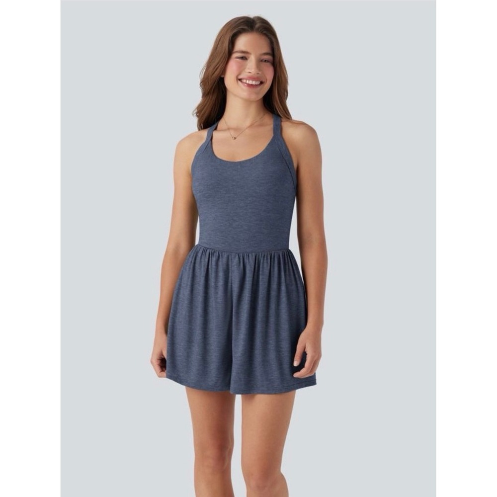 Halara Blue Heathered Activewear Romper Open Back Twist Knot Pockets Small NWT